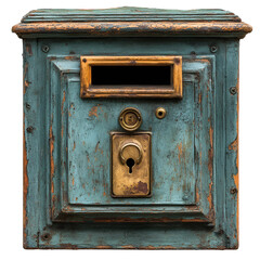 Antique Teal Wooden Post Box Vintage Mailbox Weathered Exterior Rustic Charm Grunge Texture