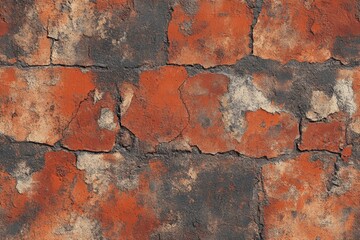 Fototapeta premium Distressed Brick Wall Texture Seamless Red, Gray, and Beige Brickwork with Cracks and Peeling Paint