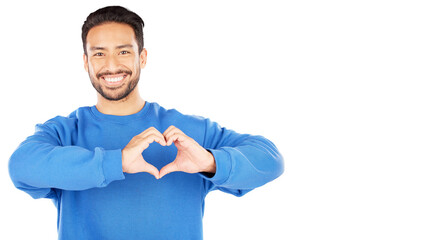 Portrait, smile and heart hands of love with an indian man isolated on transparent background for...
