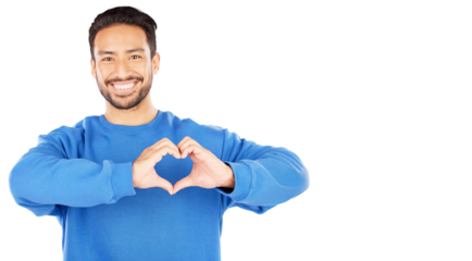 Portrait, smile and heart hands of love with an indian man isolated on transparent background for health or wellness. Emoji, symbol and gesture with a confident young model on PNG for valentines day