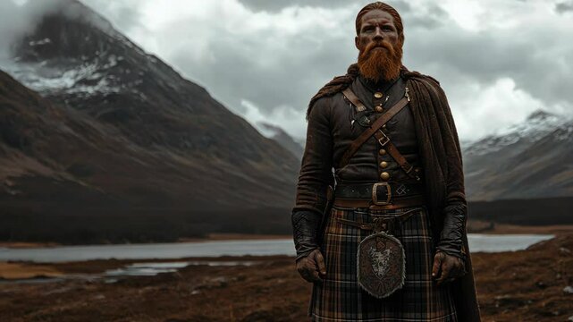 Scottish warrior stands proudly in the mountainous landscape under a dramatic sky during the late afternoon