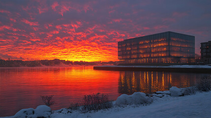 Fiery sunrise over waterfront office building, winter