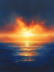 Obraz premium Fiery sunset over ocean, cloudscape background; ideal for travel or nature publications