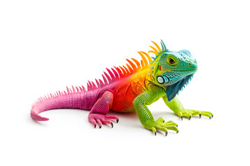 Obraz premium Rainbow color reptilian Iguana sitting on white backdrop