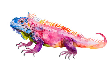 Obraz premium Rainbow color reptilian Iguana sitting on white backdrop
