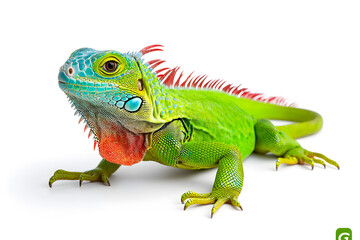 Obraz premium Rainbow color reptilian Iguana sitting on white backdrop