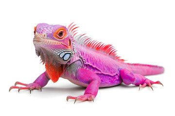 Obraz premium Rainbow color reptilian Iguana sitting on white backdrop