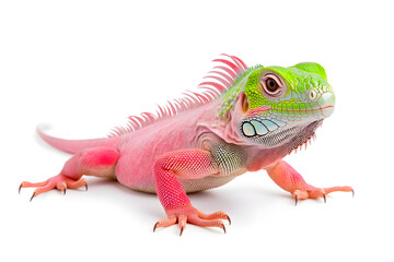 Obraz premium Rainbow color reptilian Iguana sitting on white backdrop