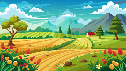 Vibrant rural landscape with golden fields, lush greenery, colorful flowers, distant mountains, and a small farmhouse under a bright blue sky