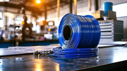 A spool of blue electrical wiring resting on a workshop table, surrounded by clamps, wire labels, and an open manual for electrical installations.