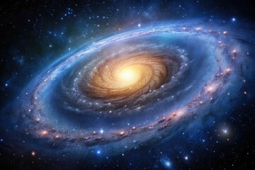 Distant and breathtaking galaxy background with a large spiral galaxy in foreground, nebulae, universe, cosmic, planetary system