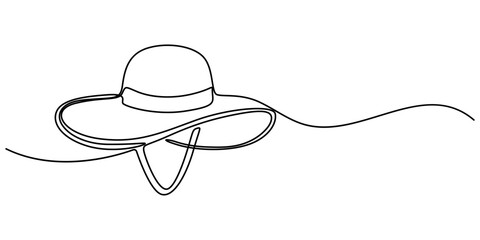 Sun Hat Single Line Icon, Boater Hat Continuous Line Icon, Women's sun hat in continuous line art drawing style. Women's summer hat minimalistic black linear design isolated on white background. pro.