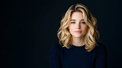 Naklejka premium Blonde woman, stylish haircut, dark background, confident pose, portrait photography, ideal for beauty or fashion advertising