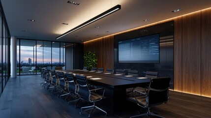 A large conference room with a black table and chairs, a large flat screen TV