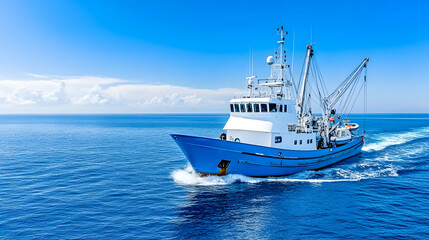 Naklejka premium Blue fishing trawler sailing on ocean, sunny day, clear sky, commercial fishing