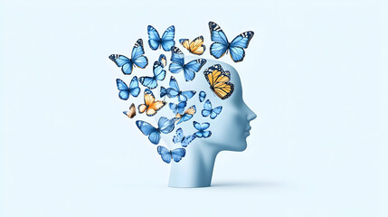 Blue head profile with butterflies; transformation, freedom, mind, pastel background; mental health concept
