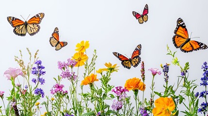 monarch butterflies flying over a field of flowers 