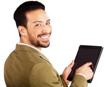Portrait, screen and business with man, tablet and investor isolated on transparent background. Face, person and employee with tech, stock market newsletter and png with internet, typing and analysis
