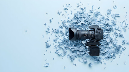 Naklejka premium Camera on blue paper scraps, flatlay, photography concept, website banner