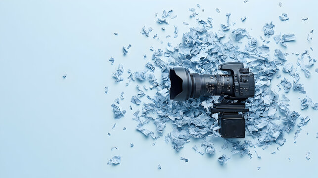 Camera on blue paper scraps, flatlay, photography concept, website banner