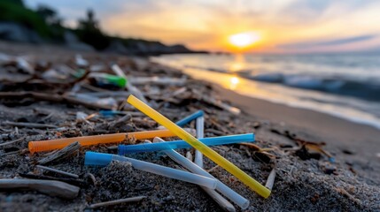 Obraz premium A beach covered in plastic straws
