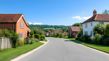Naklejka premium Charming village street, idyllic homes, rolling hills, sunny day; perfect for real estate or travel brochures