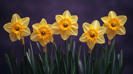 Fototapeta premium Five yellow daffodils against a purple background, spring floral arrangement, greeting card