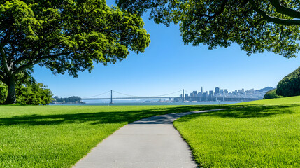 Cityscape view from park path