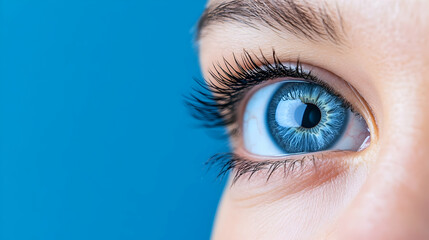 Fototapeta premium Close-up of a blue eye looking right, against a blue background. Medical/healthcare or vision care use