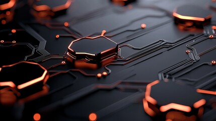 A close-up view of a circuit board design featuring intricate patterns and glowing copper elements on a dark background.