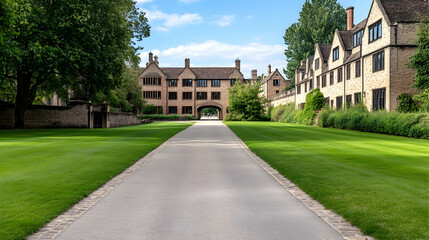 College pathway, sunny day, green lawns, historical buildings, education