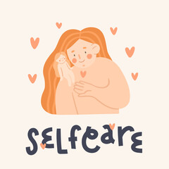 Self care. Woman care about herself. Vector cartoon illustration in flat style. 