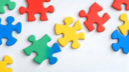 Obraz premium Colorful puzzle pieces connecting on white background; teamwork, problem-solving concept; stock photo for websites, presentations