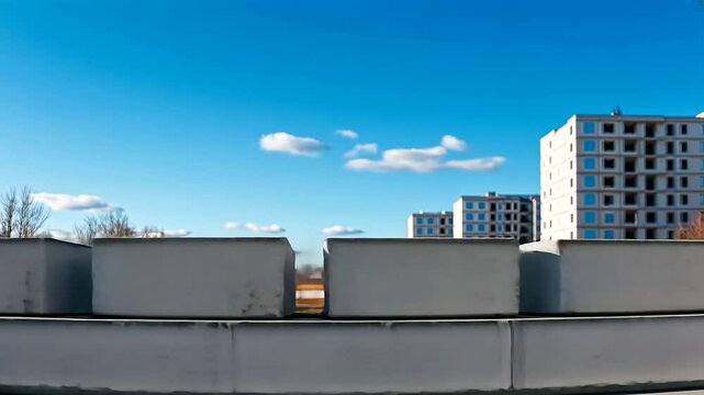 Detailed shot of interlocking concrete blocks forming a sturdy wall, set against a backdrop of a clear blue sky and partially constructed buildings.