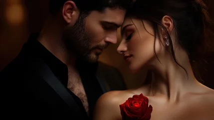 A man and a woman are embracing each other while holding a red rose © Formoney