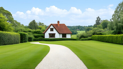 Countryside cottage, winding path, green lawn, rolling hills background. Ideal for real estate