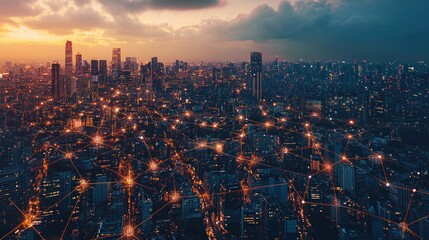 Fototapeta premium Illuminated Cityscape: A Network of Connections at Dusk