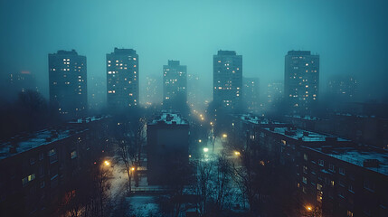 Obraz premium Foggy city night, apartment buildings, winter scene, urban landscape, atmospheric mood