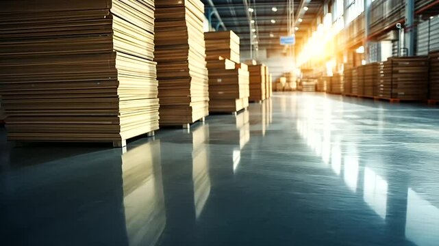 Stacks of engineered wood panels in varying tones of light and dark brown, perfectly aligned in a clean, brightly lit factory floor, emphasizing their uniformity.