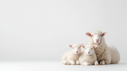 Fototapeta premium Three fluffy sheep pose together on a clean white background highlighting their soft wool and adorable features in a serene rural setting.mockup, mock up, template, empty, for text, place, copyspace, 