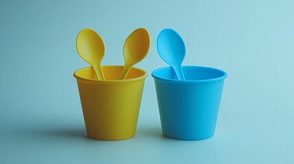 blue cups with yellow spoons on a blue background 