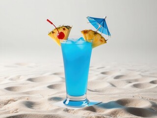 Obraz premium Refreshing blue cocktail with pineapple and cherry on sandy beach background.