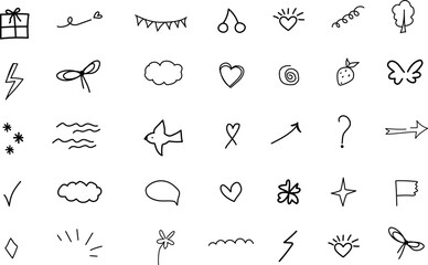 Vector illustration, a set of handwritten drawings with ornaments. Hand-drawn, focus line, attention, star, heart, ribbon, various icons