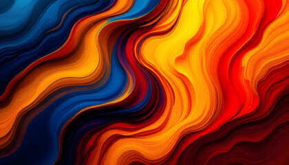 Obraz premium An abstract background featuring flowing waves of yellow, blue, and red with dark tones, creating a bold and dynamic wallpaper design