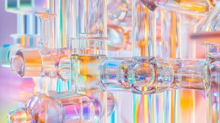 A closeup on specialized laboratory equipment featuring an array of glassware interconnected by tubes with colorful substances flowing within. The intricate setup showcases the complexity