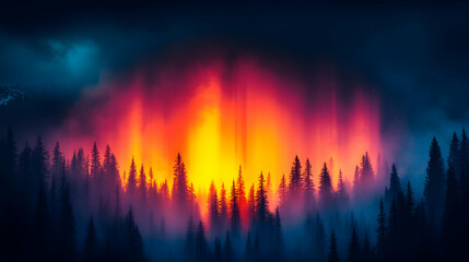 Forest fire at night, dramatic sky, smoky atmosphere, nature disaster, environmental impact