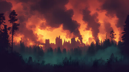 Forest fire near gothic castle, apocalyptic sky, disaster scene, environmental art