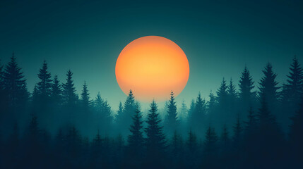 Obraz premium Forest Sunset Orange sun setting behind a dark evergreen forest, misty atmosphere. Ideal for nature backgrounds