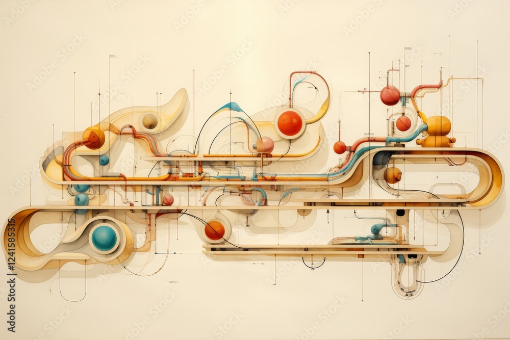 Poster abstract technical drawing with vibrant lines and patterns on a light background.