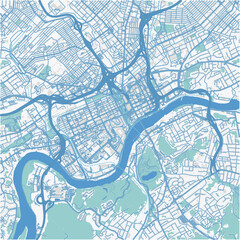 Map of Knoxville Center in Tennessee in a professional blue style. Contains layered vector with roads water, parks, etc.
